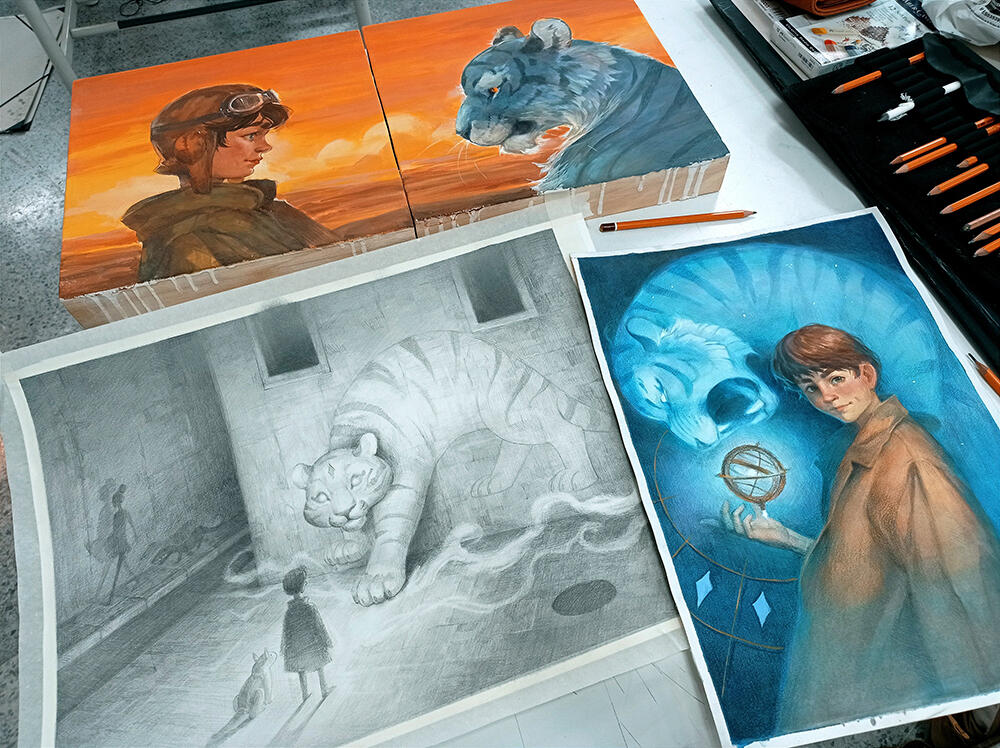 Gouache and colored pencil on chalk primed wood · graphite on paper · gouache and color pencils on paper